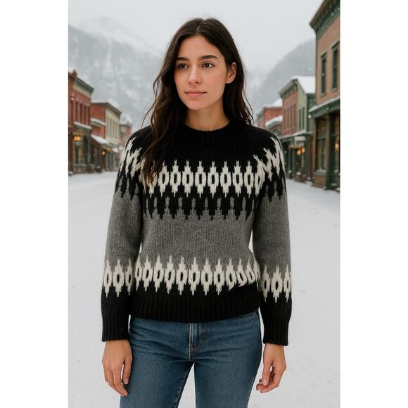 J.Crew Women Fair Isle Wool Alpaca Blend Sweater Gray Black White Nordic Sz M - Picture 1 of 16